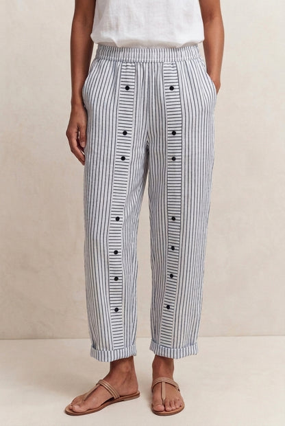 Lightweight Stripe Buttoned Trousers for Women, Linen-Blend Relaxed-Fit Elastic Waistband Wrinkle-Resistant, for Travel,