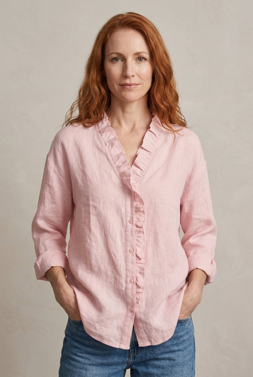 Lightweight V-Neck Blouse for Women, Ruffled Long-Sleeve Relaxed Fit, for Office, Casual & Everyday Wear