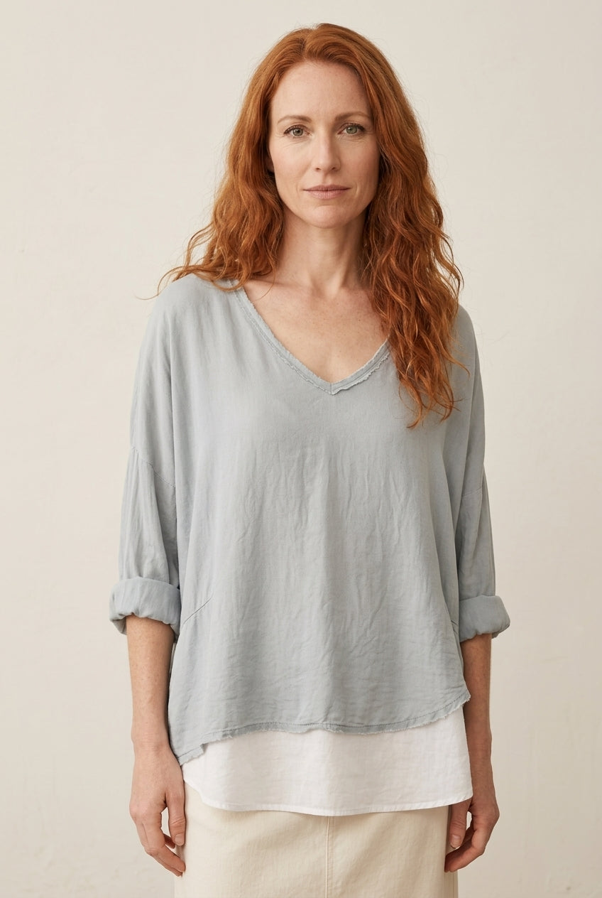 Relaxed Layered Long Sleeve Top for Women, V-Neck Rayon Flowy Fit, for Casual, Travel, Everyday & Loungewear