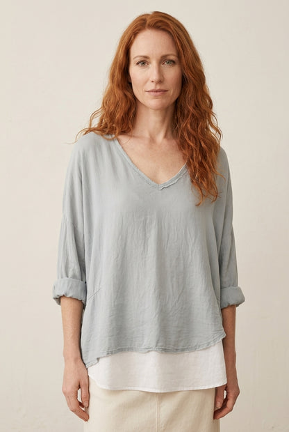 Relaxed Layered Long Sleeve Top for Women, V-Neck Rayon Flowy Fit, for Casual, Travel, Everyday & Loungewear