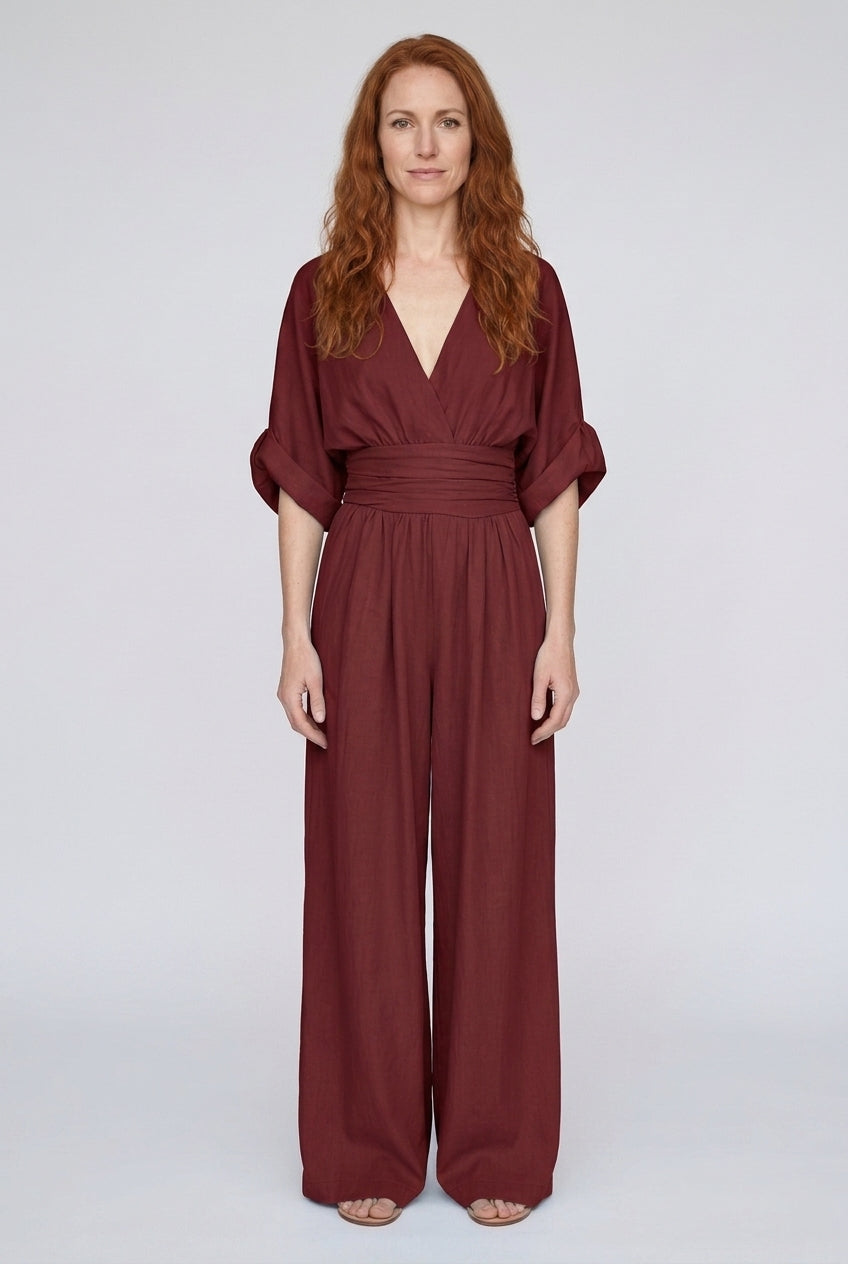 Elegant Wide Sleeve V-Neck Jumpsuit for Women, Flowing Relaxed Fit Cinched Waist, for Brunch, Travel, Casual & Everyday 