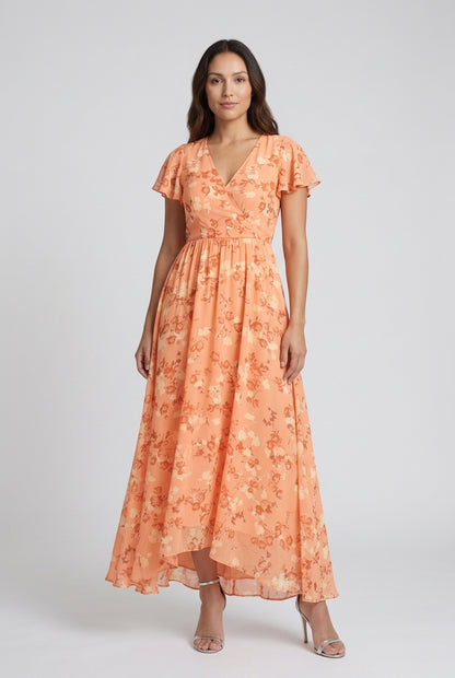 Elegant Floral Midi Dress for Women, Short Sleeve Tailored with Breathable Fabric, for Garden Party, Casual & Special Oc