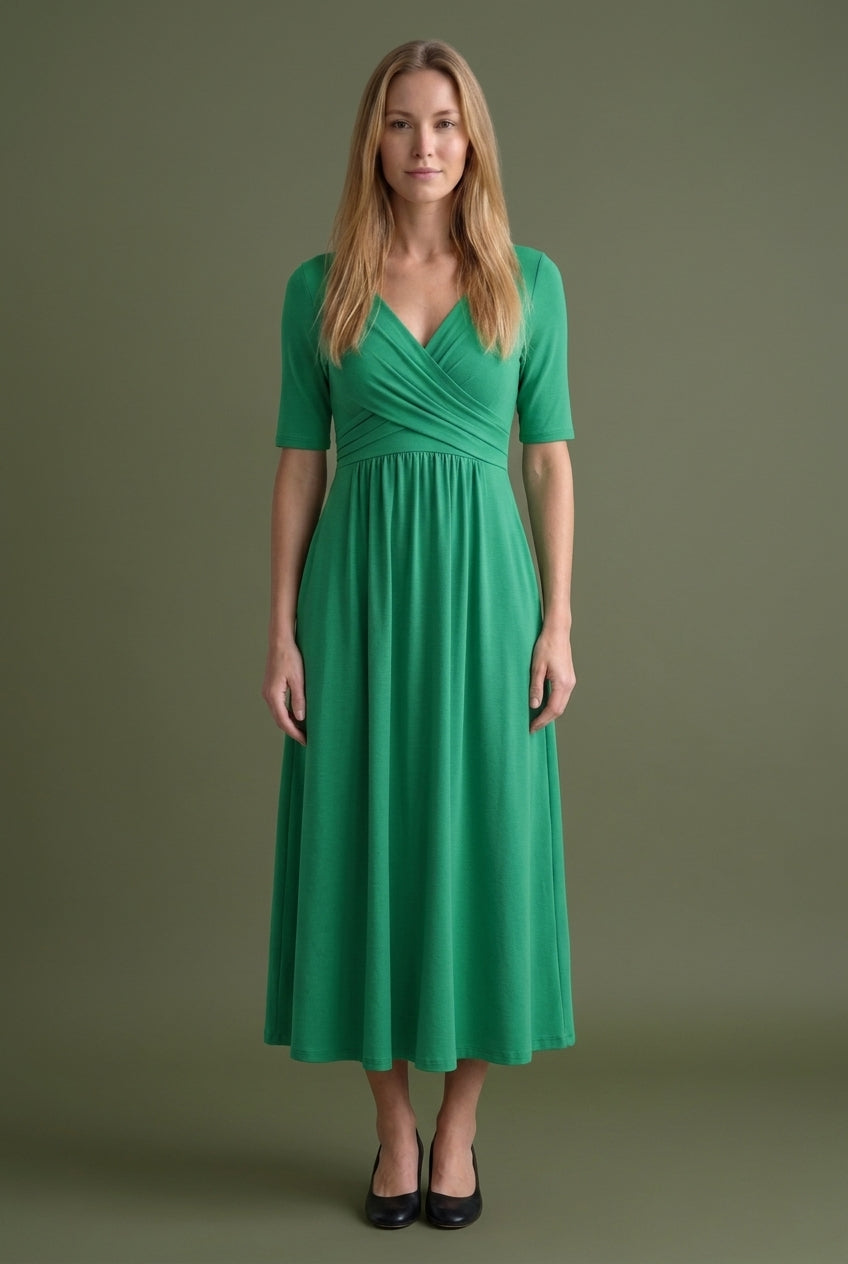 Casual V-Neck Midi Dress for Women, Wrap-Style Elbow-Sleeve Pleated with Pockets, for Office, Brunch, Lunch & Everyday W