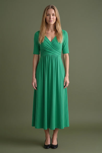 Casual V-Neck Midi Dress for Women, Wrap-Style Elbow-Sleeve Pleated with Pockets, for Office, Brunch, Lunch & Everyday W