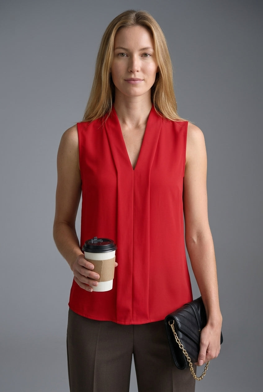 Elegant Sleeveless Pleated Blouse for Women, V-Neck Lightweight Breathable, for Office, Brunch, Evening & Everyday Wear