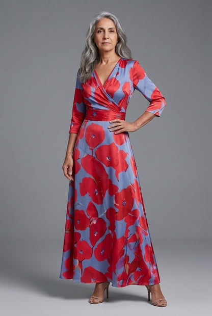 Elegant Maxi Dress for Women, Mid-Sleeve Floral A-Line with Flowing Silhouette, for Weddings, Dinners, Work & Everyday W