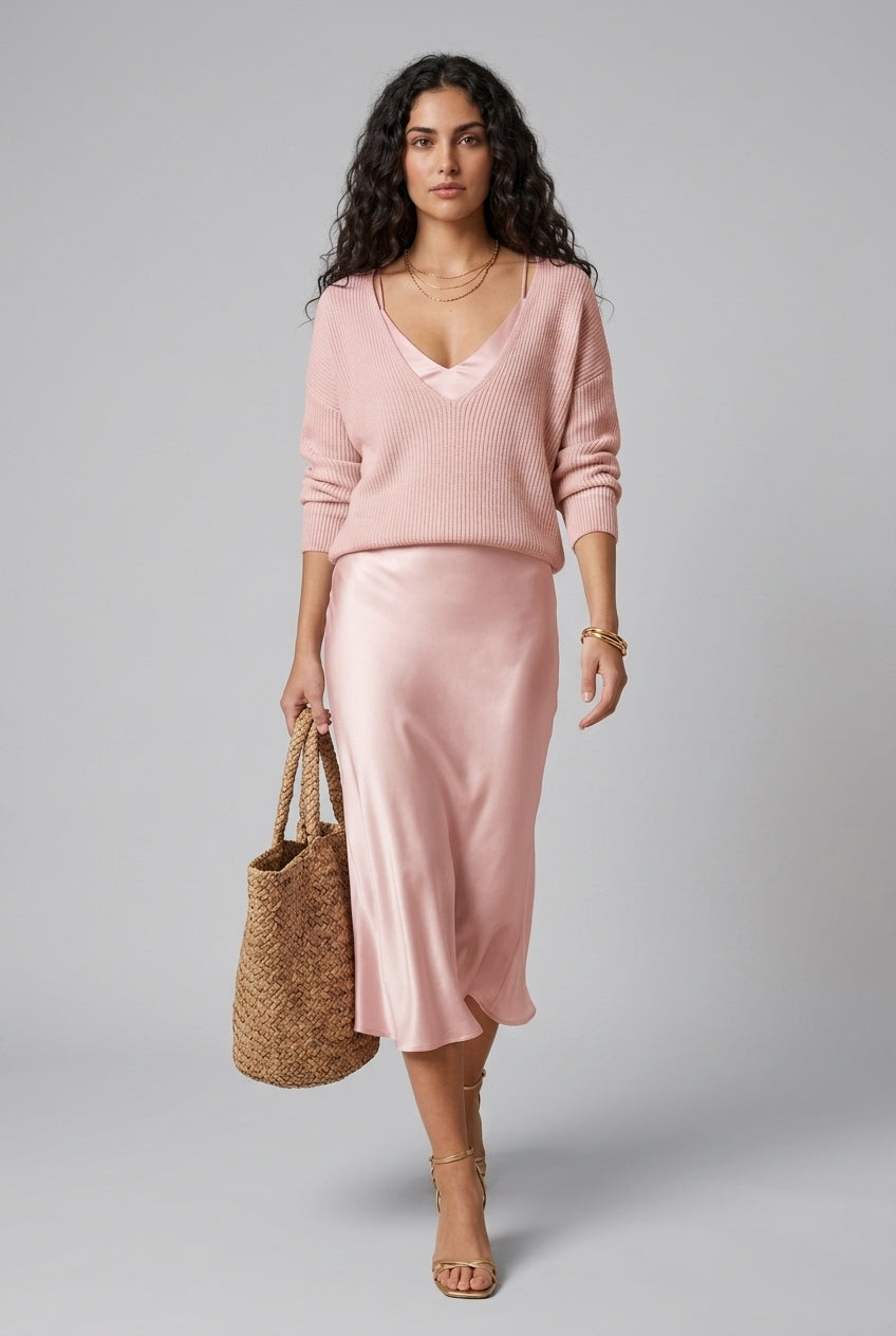 Angelique Dagny | Ribbed Knit & Satin Wrap Two-Piece Set