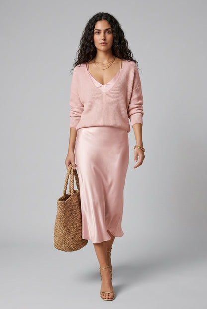 Angelique Dagny | Ribbed Knit & Satin Wrap Two-Piece Set