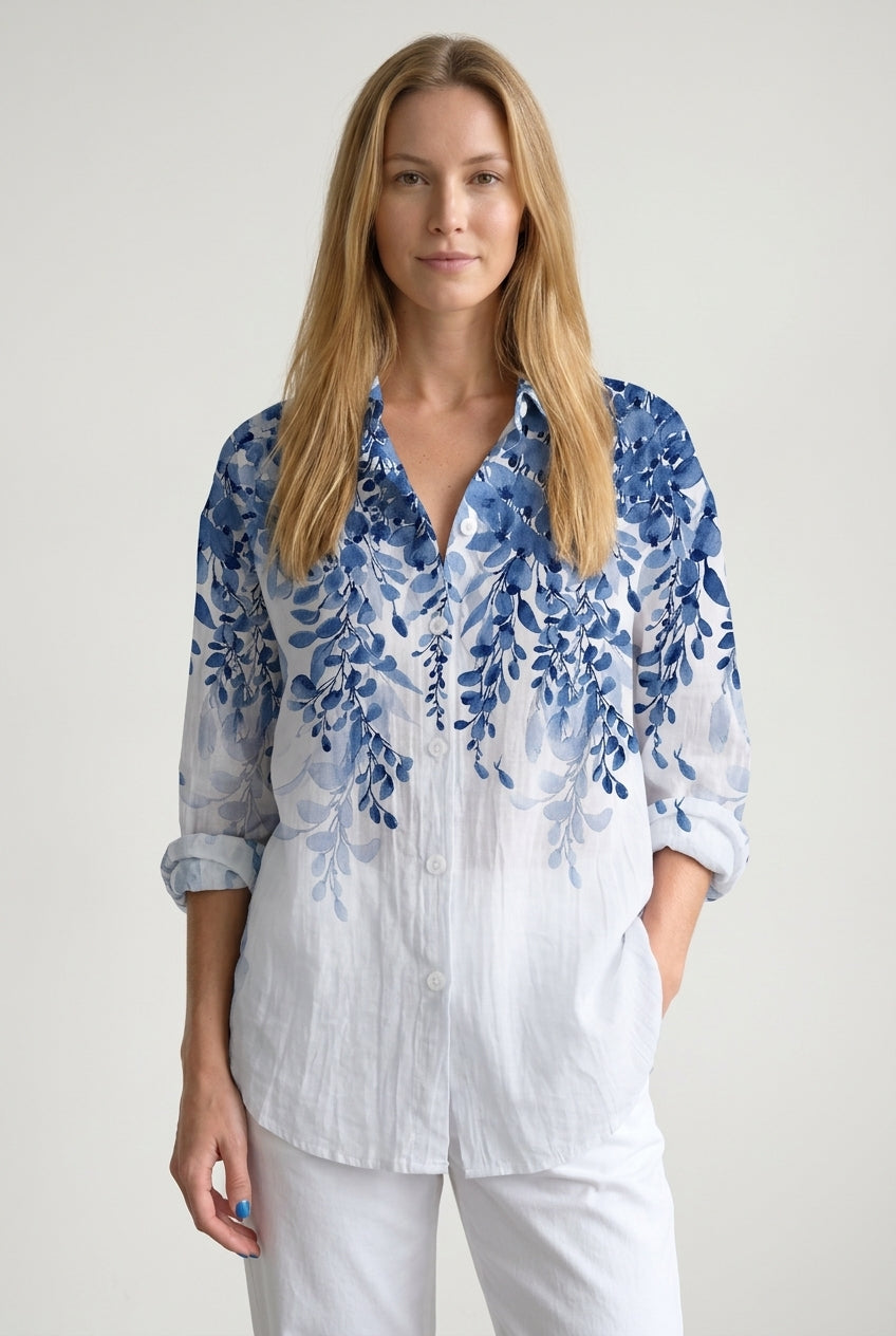 Floral Print Shirt for Women, Long-Sleeve Polyester Button-Front Relaxed Fit, for Spring, Summer & Casual Wear