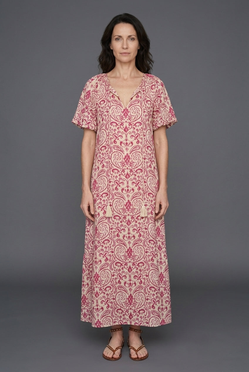 Boho V-Neck Summer Dress for Women, Flowing Vintage-Inspired Pattern Relaxed Fit, for Vacation, Brunch, Date Night & Eve