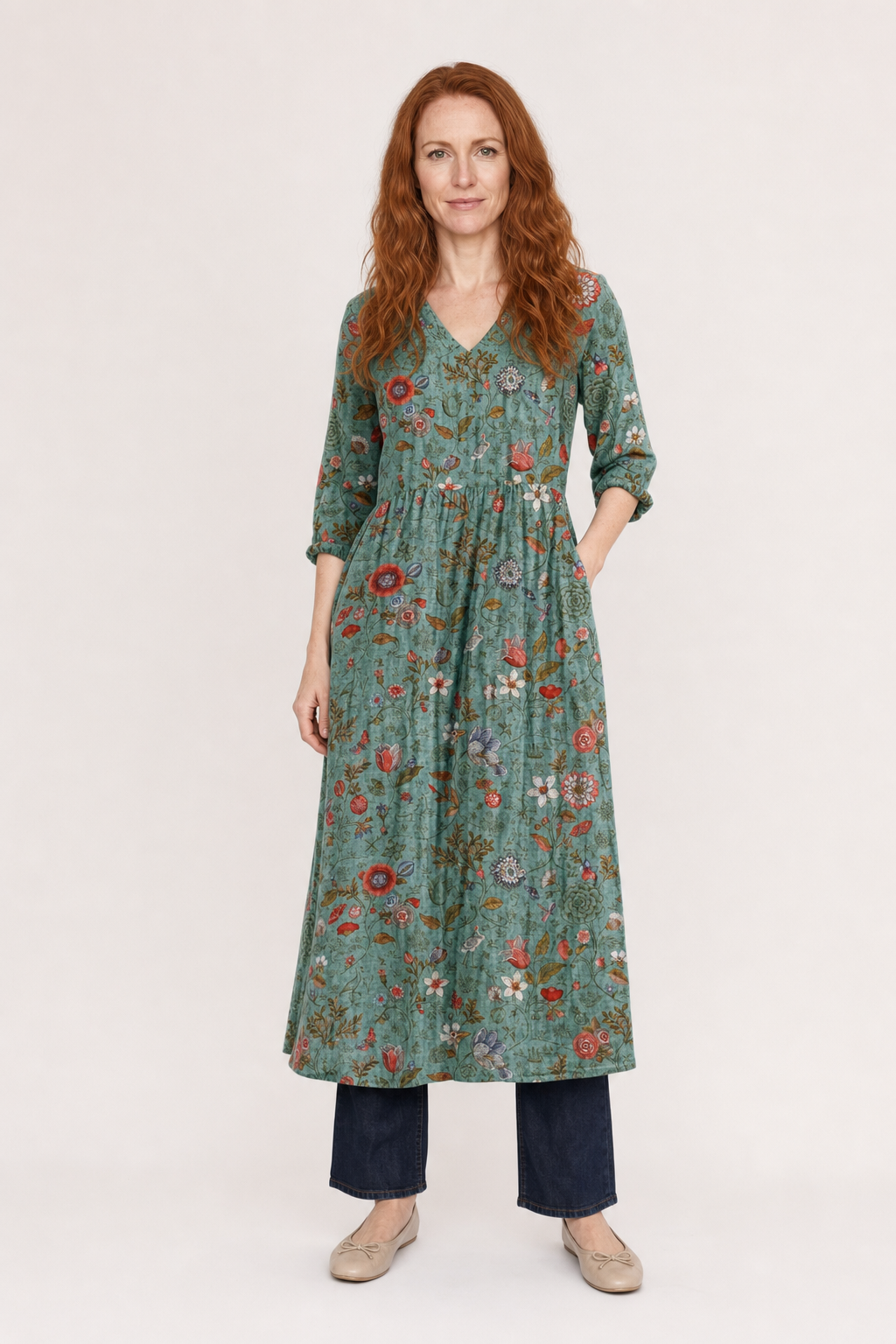 Liora | Women's Boho Cotton Floral V-Neck Pocket Maxi Dress Long Sleeve