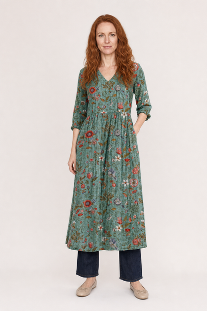 Liora | Women's Boho Cotton Floral V-Neck Pocket Maxi Dress Long Sleeve