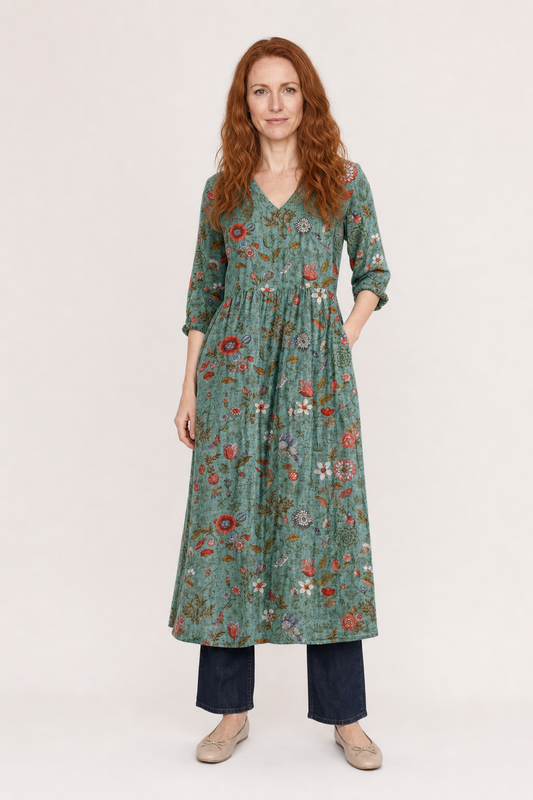 Liora | Women's Boho Cotton Floral V-Neck Pocket Maxi Dress Long Sleeve