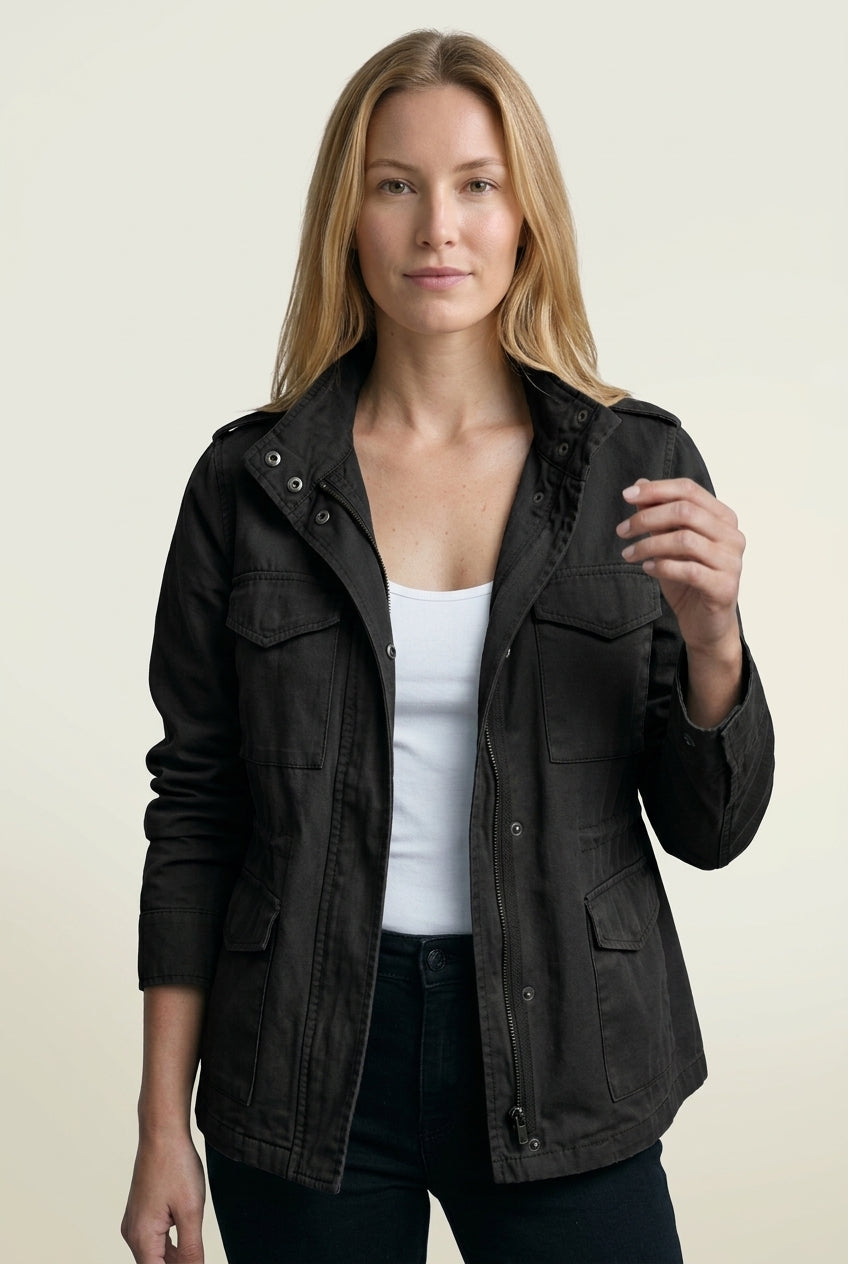 Rosa | Women's Khaki Zip Front Utility Jacket with Pockets Long Sleeve Relaxed Fit