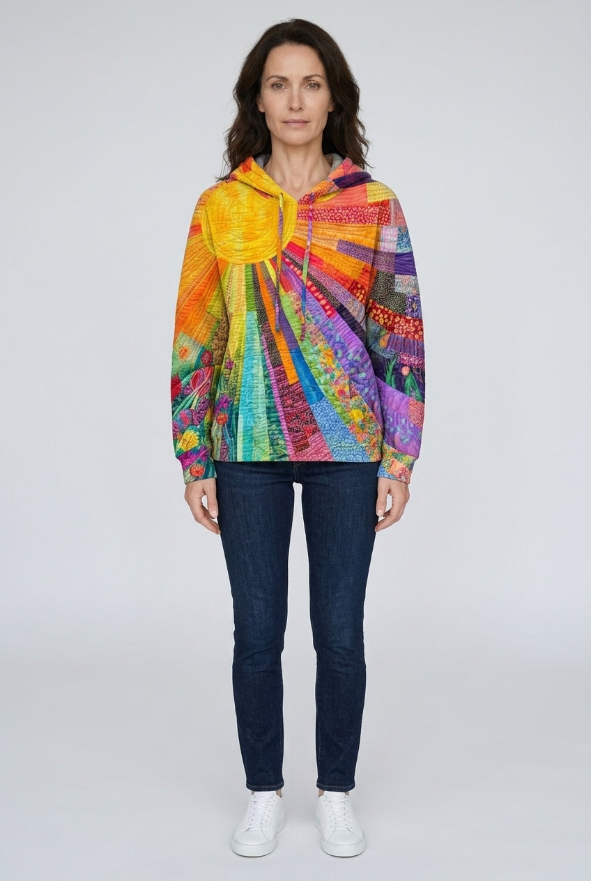 Bohemian Multicolor Patchwork Hoodie for Women, Long-Sleeve Relaxed Fit Cotton Blend, for Casual, Weekend & Everyday Wea