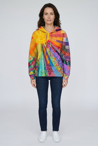 Bohemian Multicolor Patchwork Hoodie for Women, Long-Sleeve Relaxed Fit Cotton Blend, for Casual, Weekend & Everyday Wea