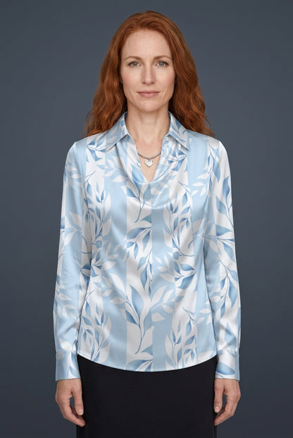 Elegant Draped Neckline Satin Blouse for Women, Long-Sleeve Tailored with Collar Detail, for Work, Office, Evening & Eve