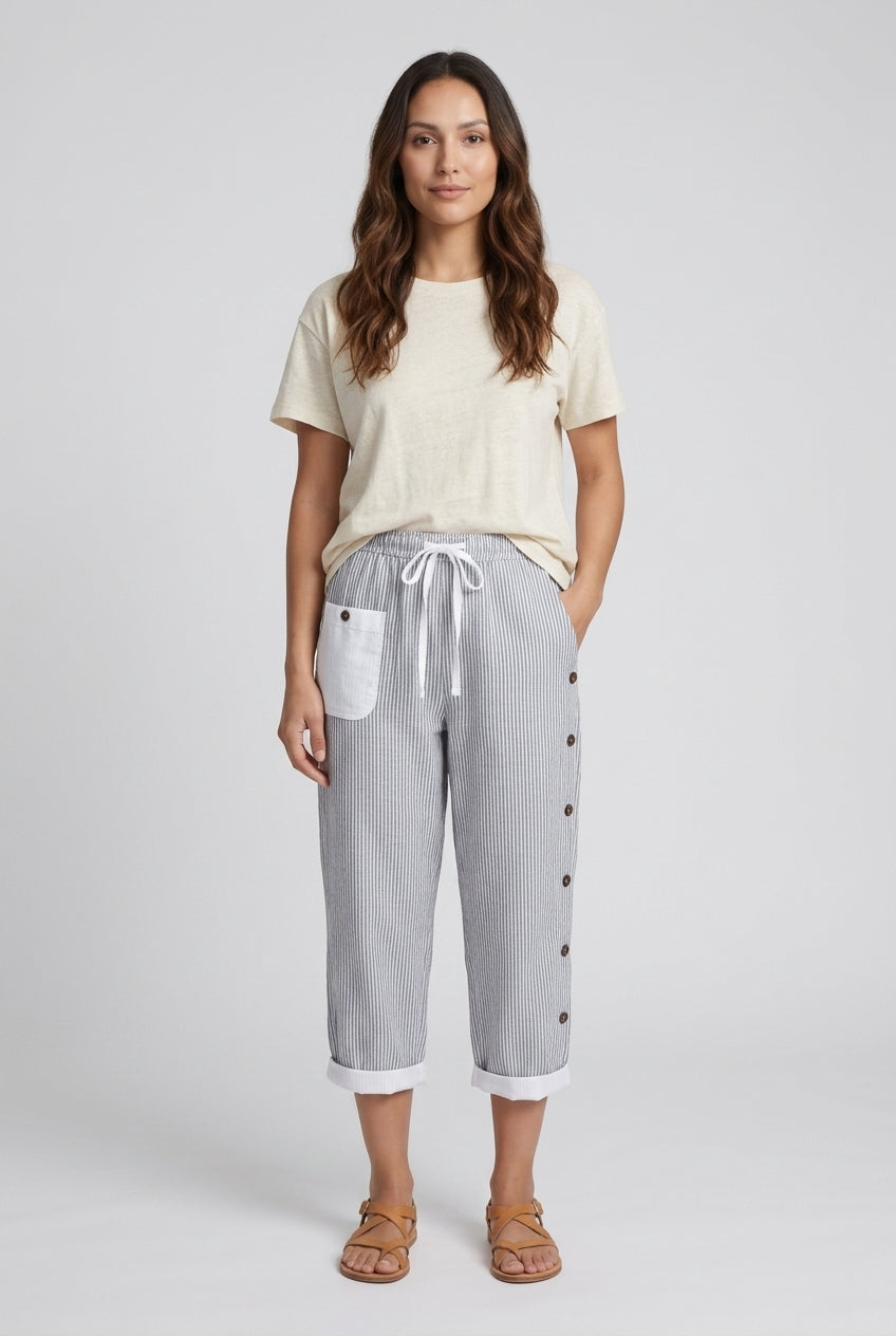 Women's Striped Casual Capri Shorts with Pockets