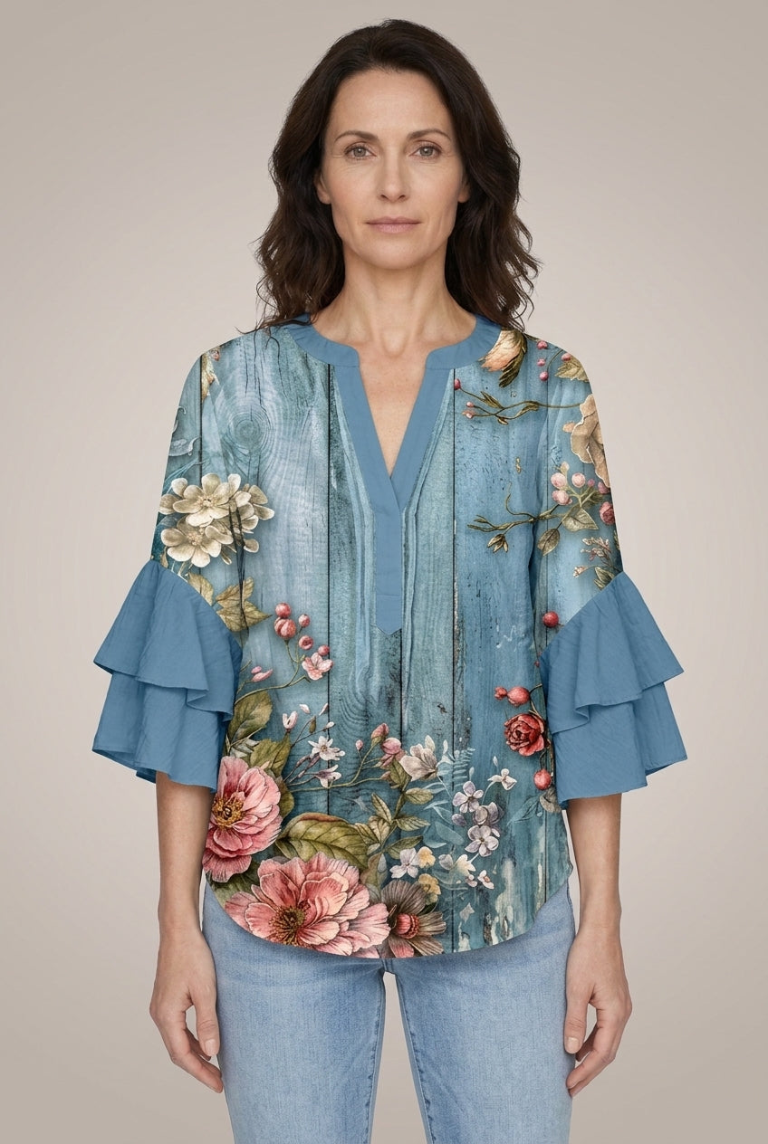 Elegant Ruffle Sleeve Blouse for Women, Floral Print Lightweight Relaxed Fit, for Work, Brunch, Casual & Everyday Wear