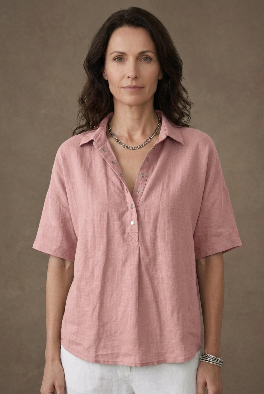 Relaxed Button-Up Collar Shirt for Women, Lightweight Breathable Fabric Collared Design, for Casual, Everyday & Spring W