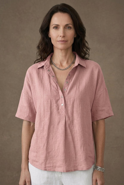 Relaxed Button-Up Collar Shirt for Women, Lightweight Breathable Fabric Collared Design, for Casual, Everyday & Spring W