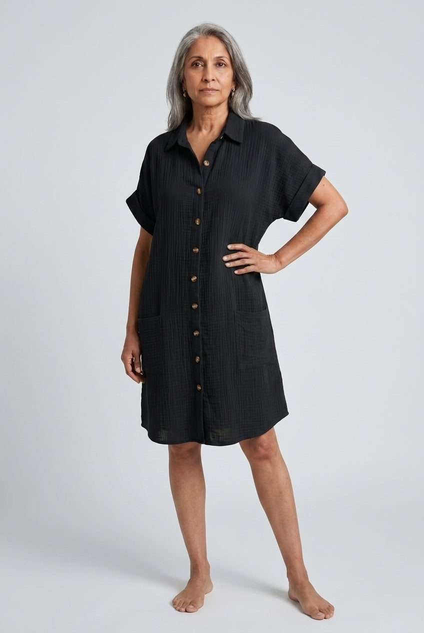 Elegant V-Neck Blouse Dress for Women, Soft Lightweight Button-Front, for Work, Brunch, Evening & Everyday Wear