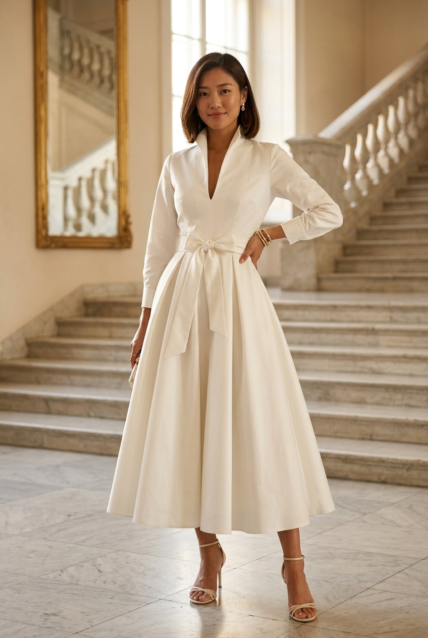 Monia | Long Sleeve V Neck A-Line Midi Dress