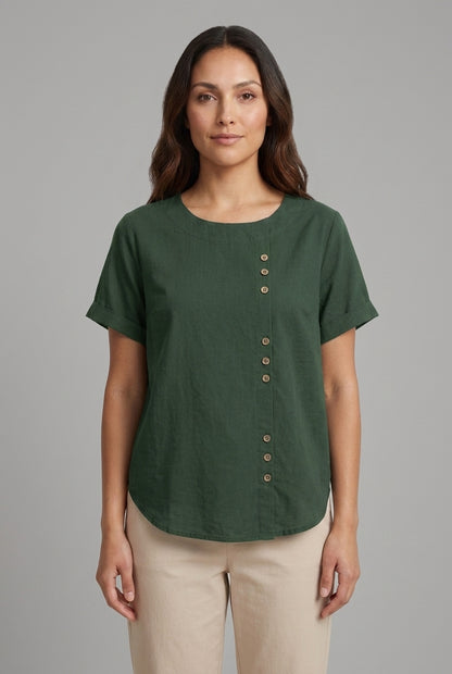 Casual Short Sleeve Cotton Blouse for Women, Loose Fit Round Neck with Side Buttons, for Summer, Everyday Wear & Vacatio