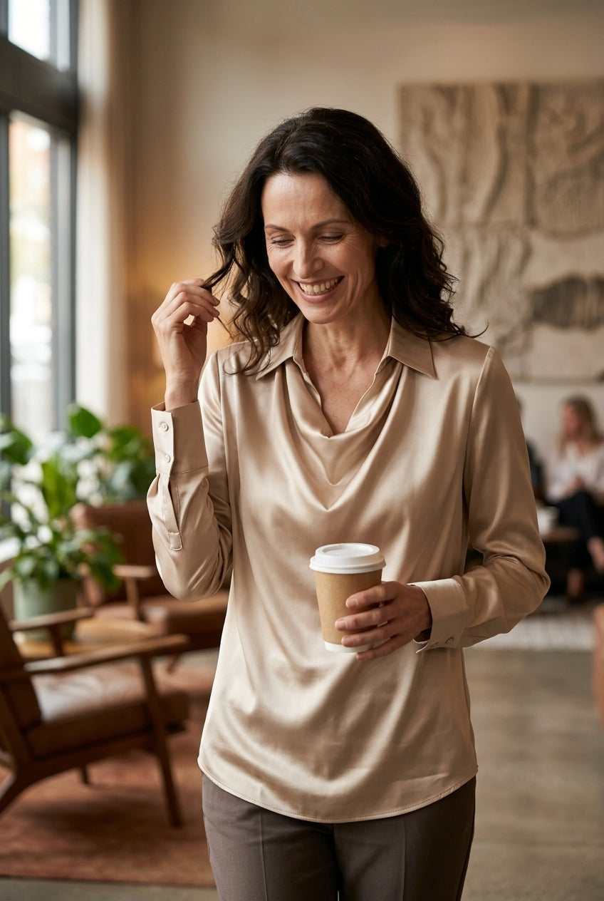 Elegant Draped Neckline Satin Blouse for Women, Long-Sleeve Tailored with Collar Detail, for Work, Office, Evening & Eve