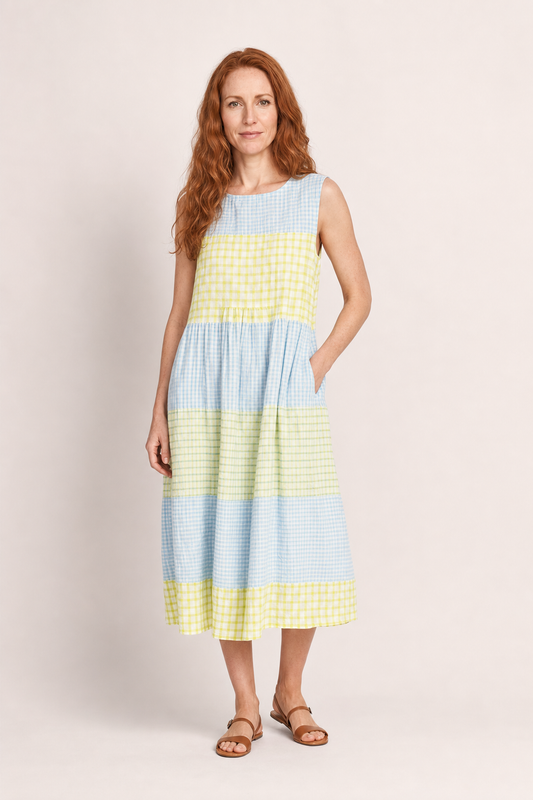 Naya | Women's Casual Linen Plaid Sleeveless Midi Dress
