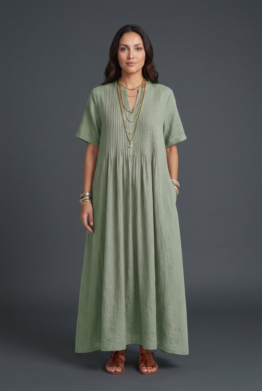 Elegant Maxi Dress for Women, Soft Linen V-Neck Relaxed Pleated, for Summer, Vacation, Brunch & Everyday Wear