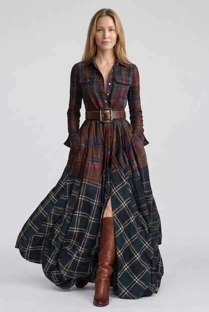 Belted Shirt Dress for Women, Plaid Tailored Flared Midi with Collar & Pockets, for Work, Brunch, Casual & Everyday Wear