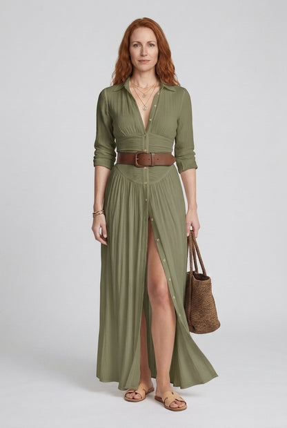 Elegant Maxi Dress for Women, Long Sleeve Collared Tailored Pleated, for Work, Garden Party & Everyday Wear