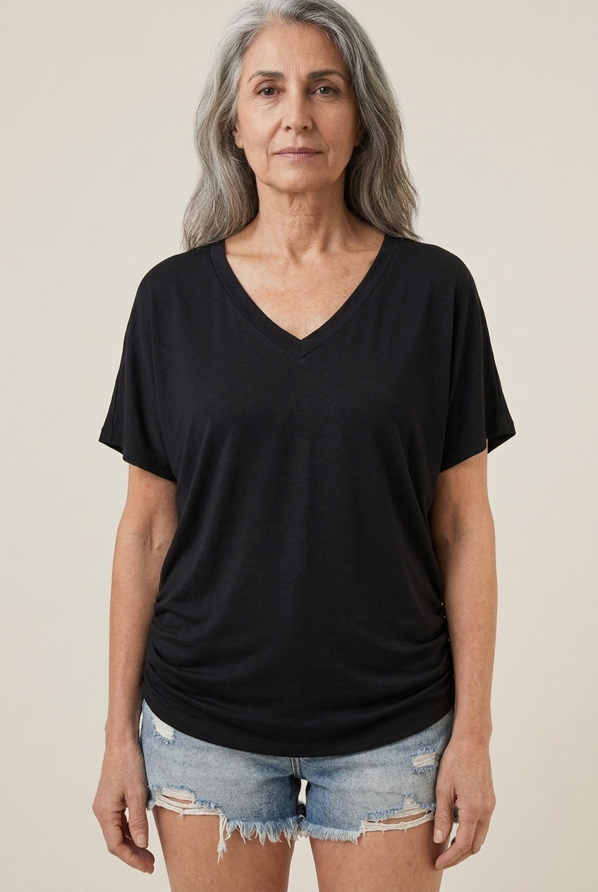 Classic V-Neck Loose Fit Shirt for Women, Batwing Sleeve Relaxed Silhouette, for Casual, Everyday & Versatile Wear