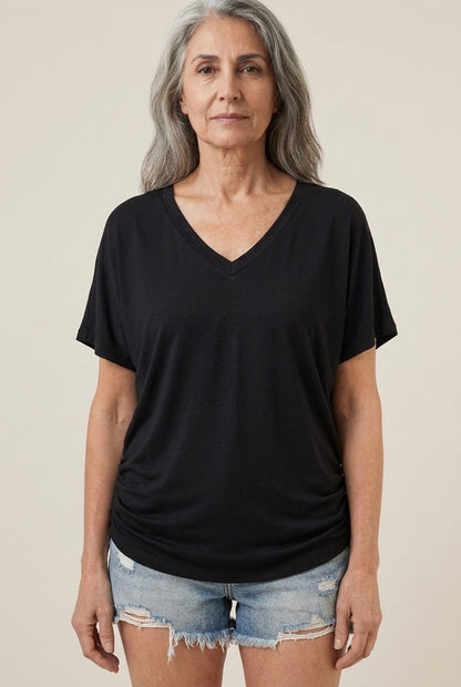 Classic V-Neck Loose Fit Shirt for Women, Batwing Sleeve Relaxed Silhouette, for Casual, Everyday & Versatile Wear