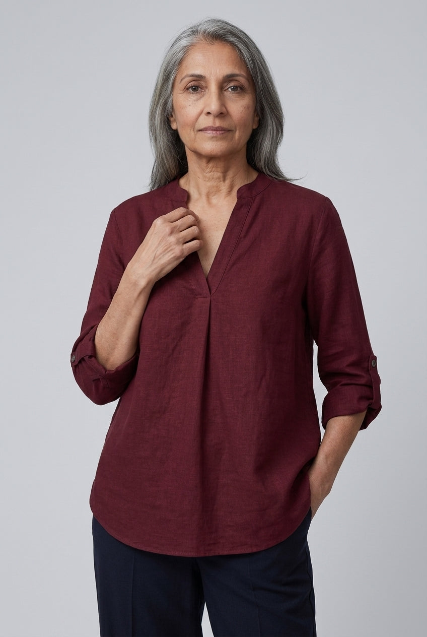Classic V-Neck Long Sleeve Shirt for Women, Relaxed Tailored Fit Everyday Essential, for Work, Office, Casual & Layering