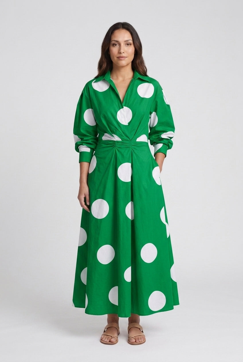 Elegant Front Wrap Collared Maxi Dress for Women, Flowing Long-Sleeve Sophisticated, for Work, Evening, Wedding Guest & 
