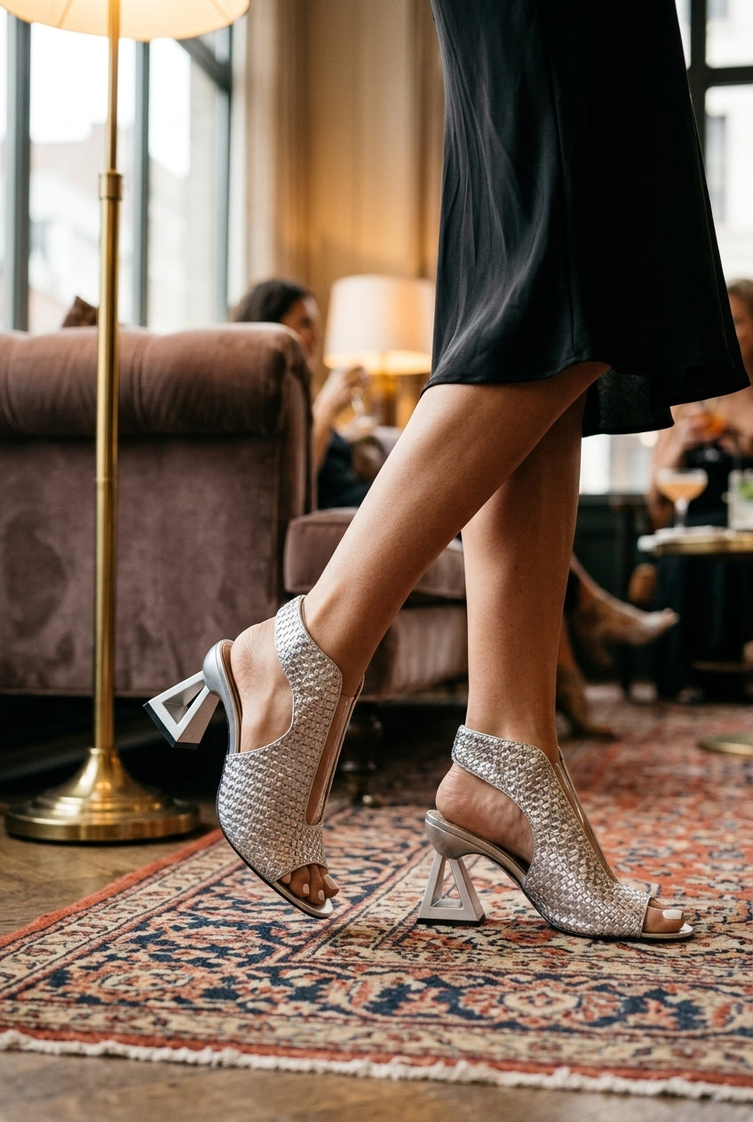 Elegant Geometric Heels for Women, Woven Textured Open-Toe Slip-On with Sculptural Heel, for Dinners, Events, Weddings &