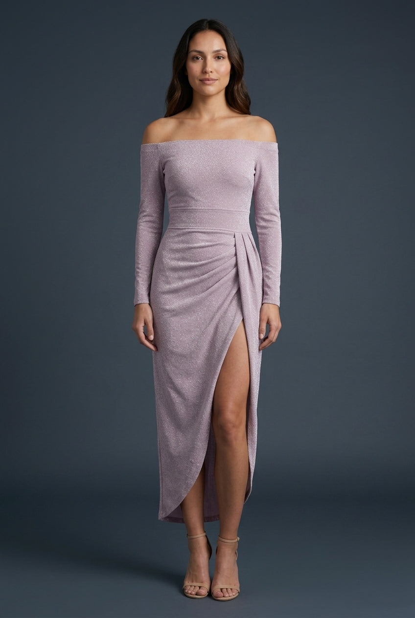 Elegant Off-Shoulder Dress for Women, Flowing Silhouette with Slit Detail, for Weddings, Evening Events & Special Occasi