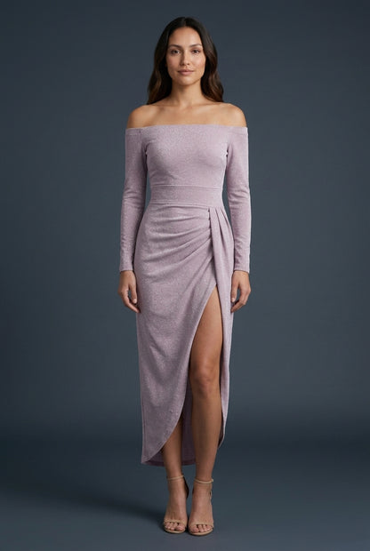 Elegant Off-Shoulder Dress for Women, Flowing Silhouette with Slit Detail, for Weddings, Evening Events & Special Occasi
