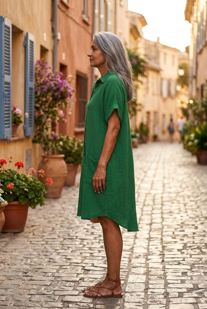 Elegant V-Neck Blouse Dress for Women, Soft Lightweight Button-Front, for Work, Brunch, Evening & Everyday Wear