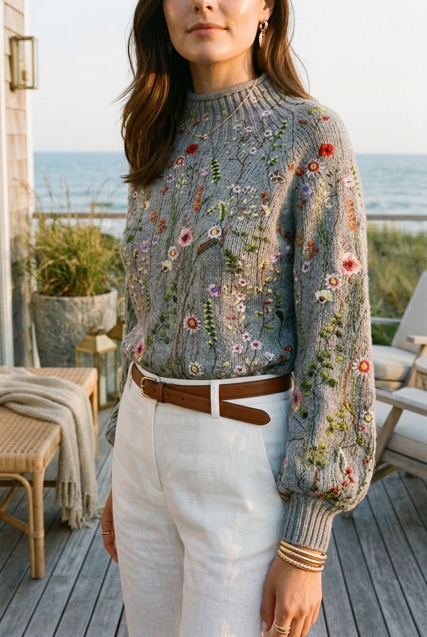 Vionnet Liora | Floral Embroidered Ribbed Knit Sweater