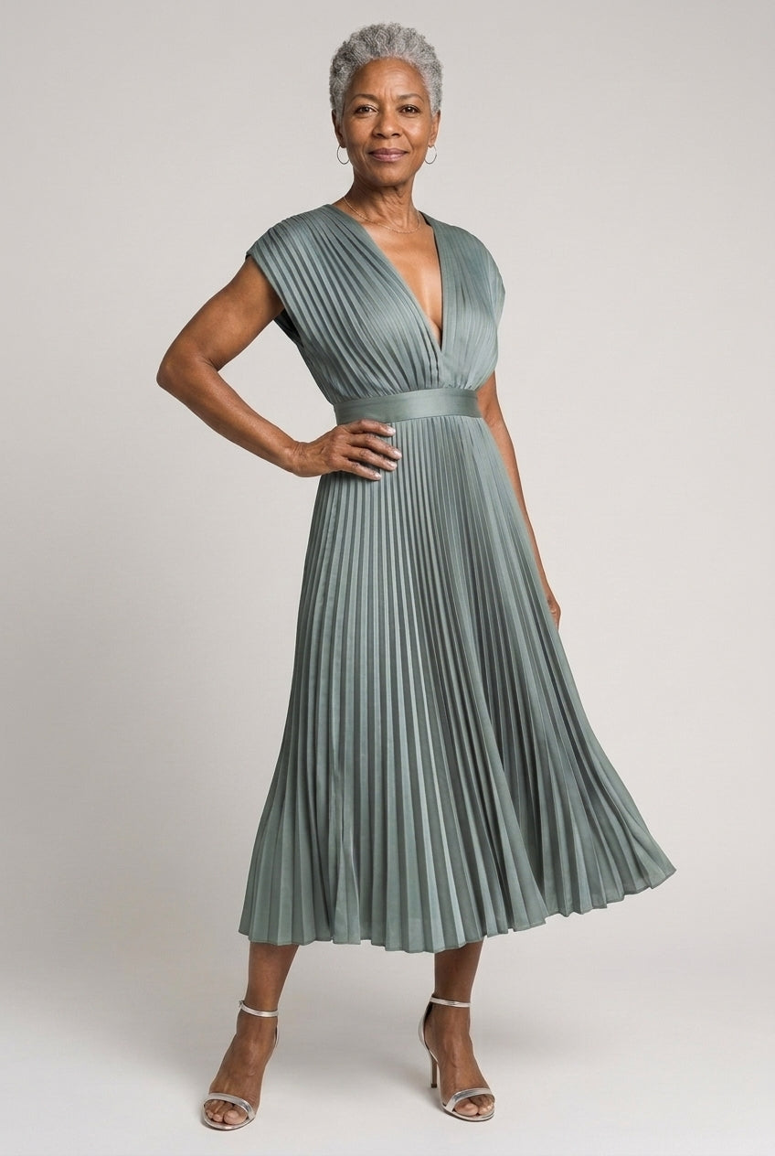 Nicoletta Vera | Pleated Midi Dress with Tie Belt