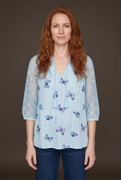 Relaxed Butterfly Print Mesh Sleeve Top for Women, V-Neck Short-Sleeve Polyester, for Summer Casual Everyday & Dressier 