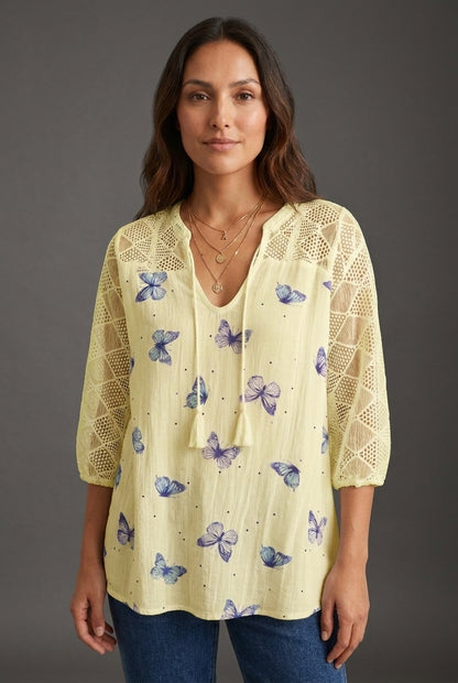 Relaxed Butterfly Print Mesh Sleeve Top for Women, V-Neck Short-Sleeve Polyester, for Summer Casual Everyday & Dressier 