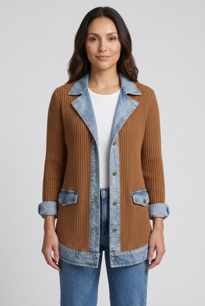 Elegant Layered Collar Button Jacket for Women, Soft Knit Denim-Inspired Mixed Texture Open-Front, for Work, Casual, Eve