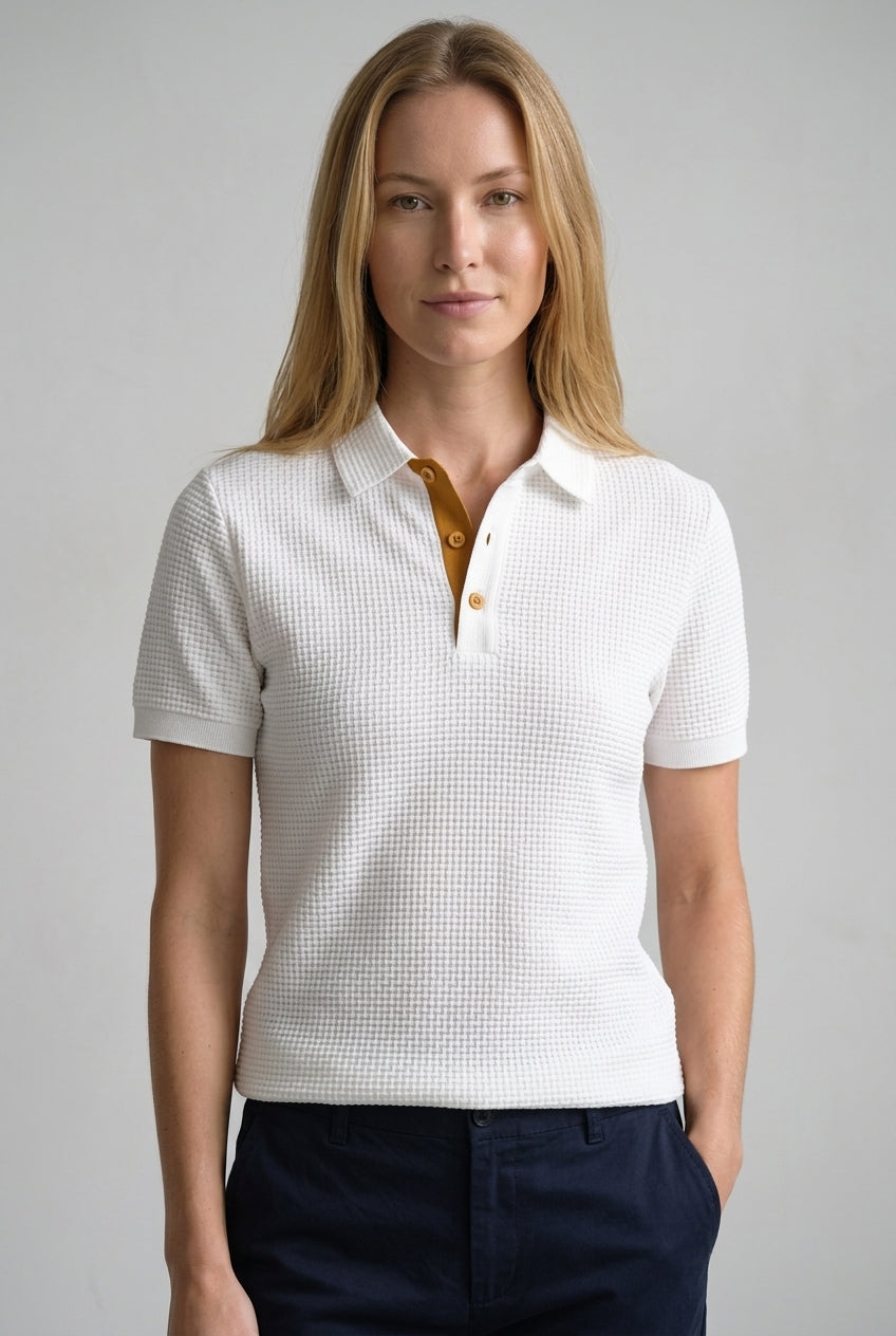 Textured Knit Polo for Women, Classic Collar Breathable Smart Casual, for Work, Brunch, Weekend & Everyday Wear