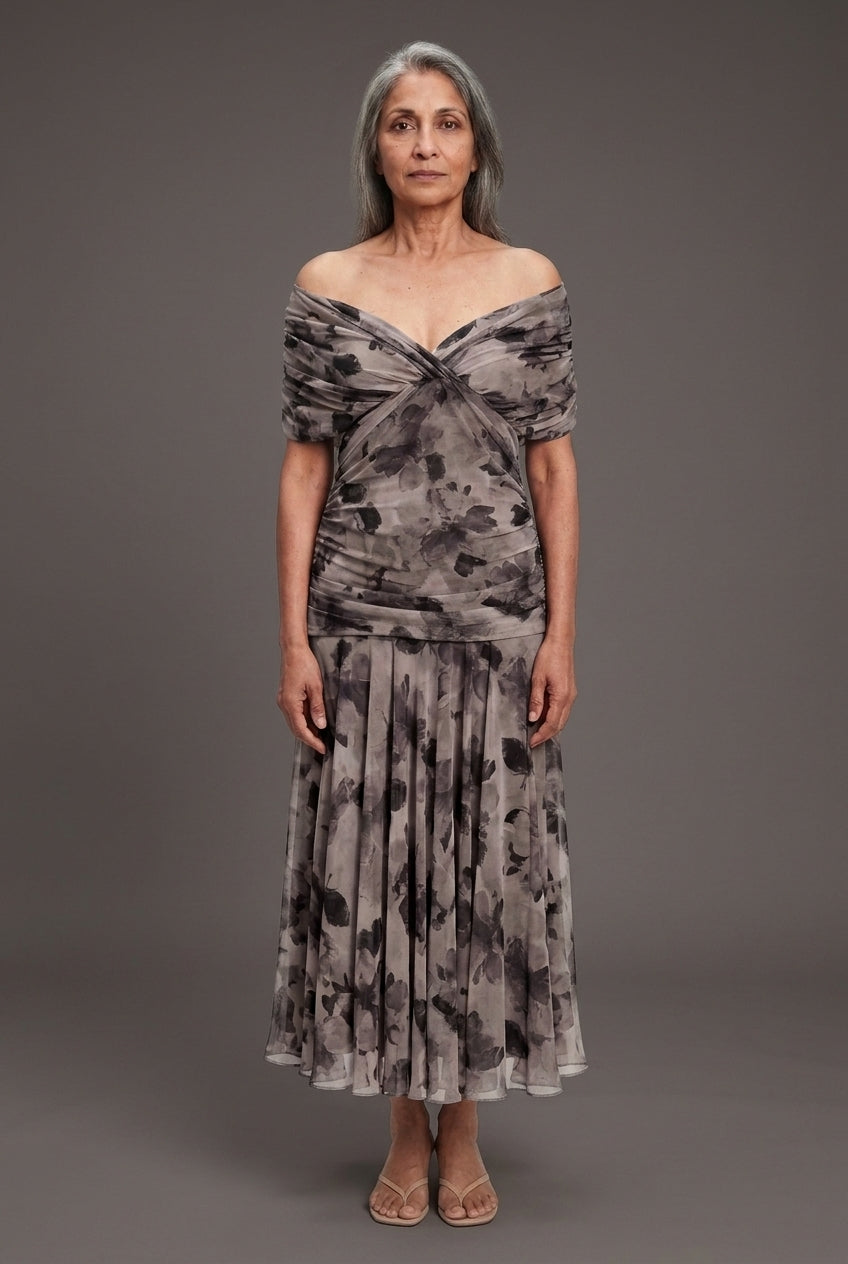 Elegant Off-Shoulder Dress for Women, Lightweight Flowy Pleated Floral, for Weddings, Evening Events & Vacation