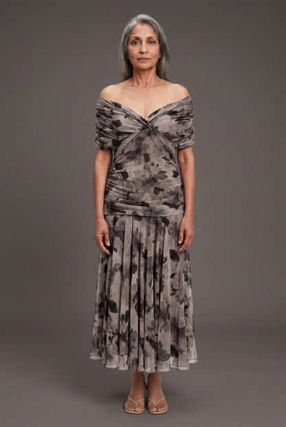 Elegant Off-Shoulder Dress for Women, Lightweight Flowy Pleated Floral, for Weddings, Evening Events & Vacation