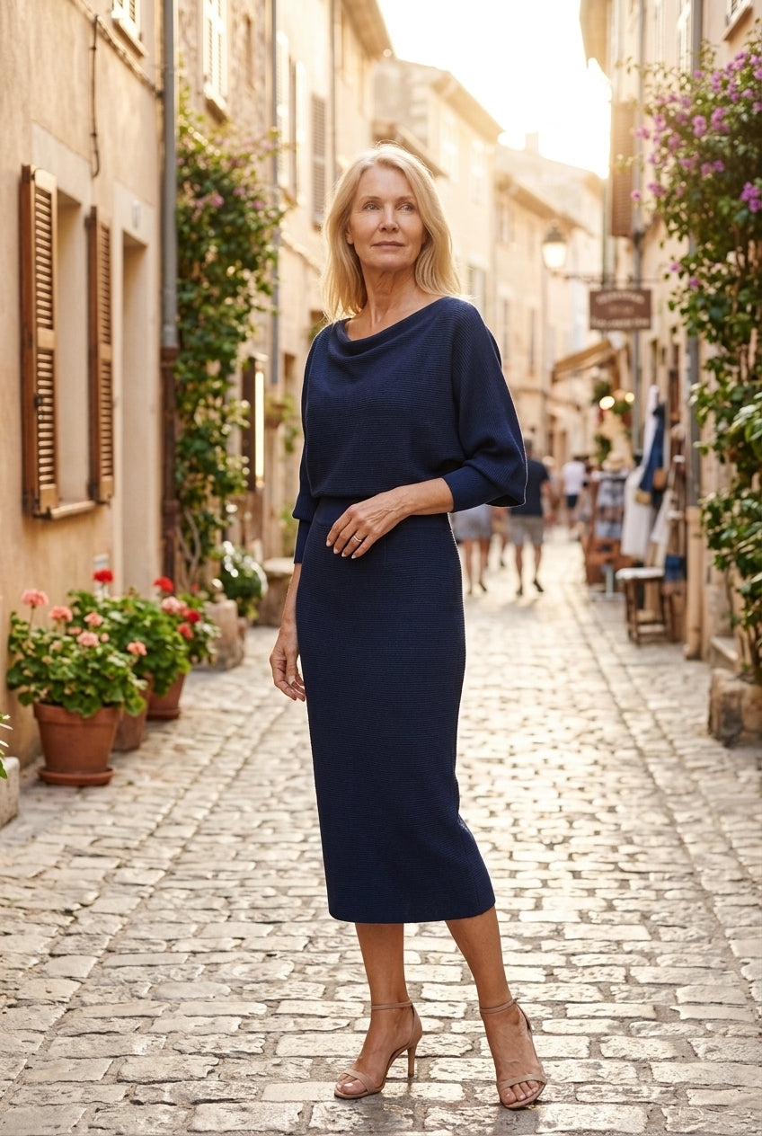 Ernestine | Draped Round Neck Midi Dress